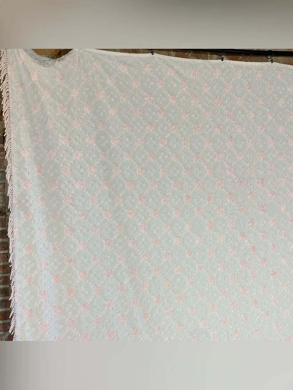 Vintage MCM Pink Chenille Fringe Bedspread Queen 96” x 120”
